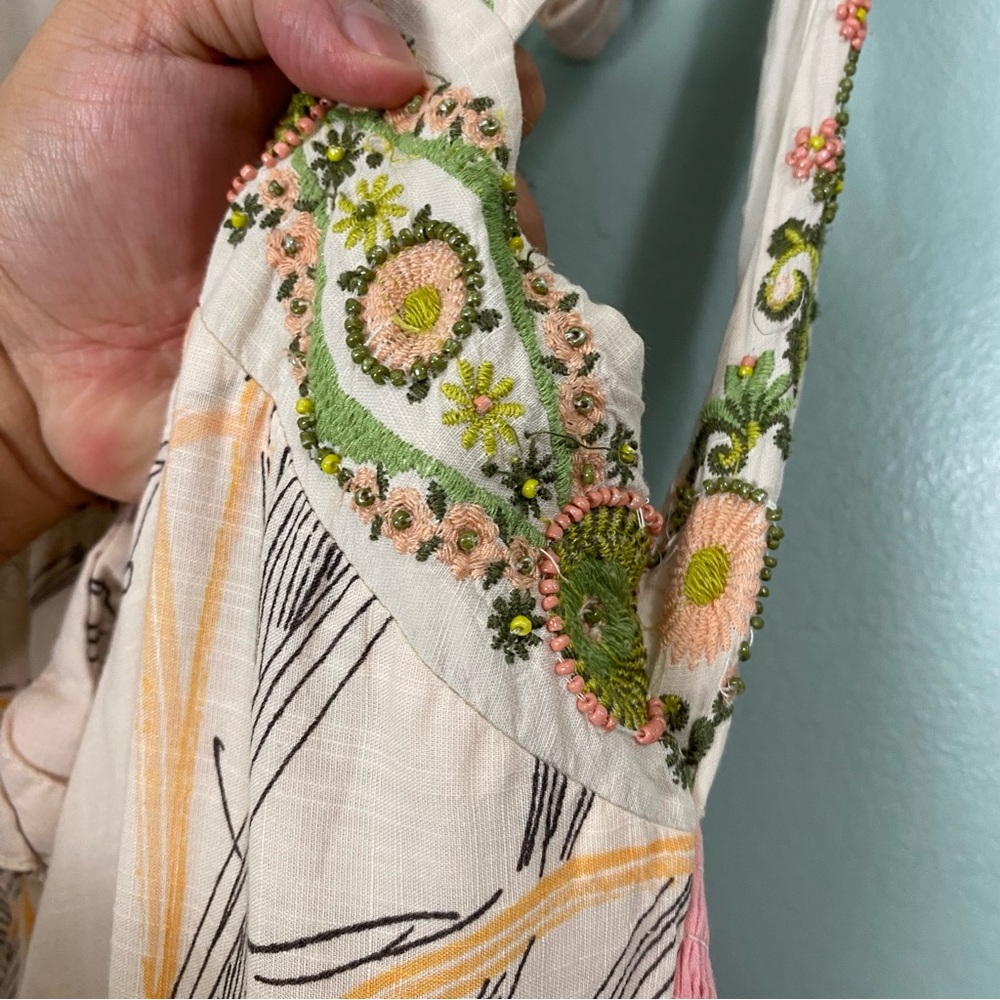 Anthropologie Square Neck Floral Embroidered Beaded Maxi Dress Small Petite - Picture 7 of 16
